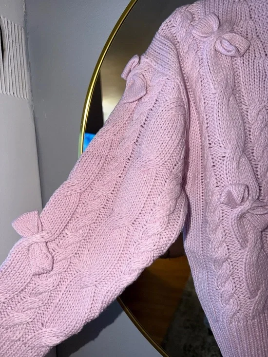 Forever 21 Light Pink Bow-Appliqué Cable Knit Cardigan - Picture 3 of 5